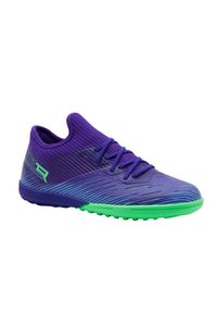 KIPSTA - Buty do piłki nożnej dla dzieci Kipsta CLR TURF TF sznurowane. Kolor: wielokolorowy, fioletowy, zielony. Materiał: kauczuk, syntetyk. Szerokość cholewki: normalna. Sport: piłka nożna