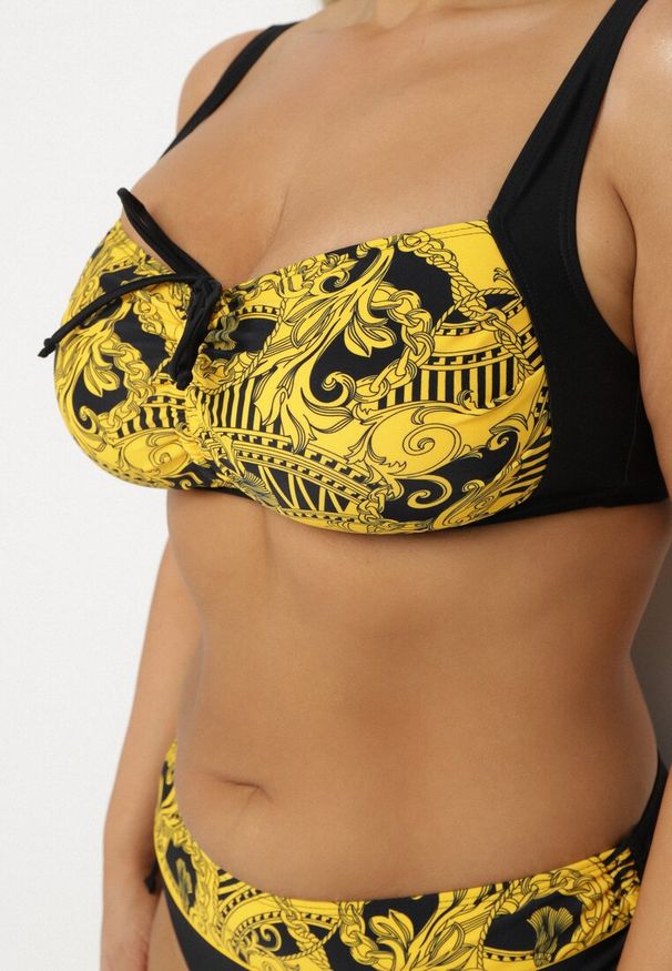 Born2be - Żółte Bikini ze Ściągaczami Biustonosz i Majtki Figi Miladenna. Kolekcja: plus size. Kolor: żółty. Materiał: len. Wzór: aplikacja