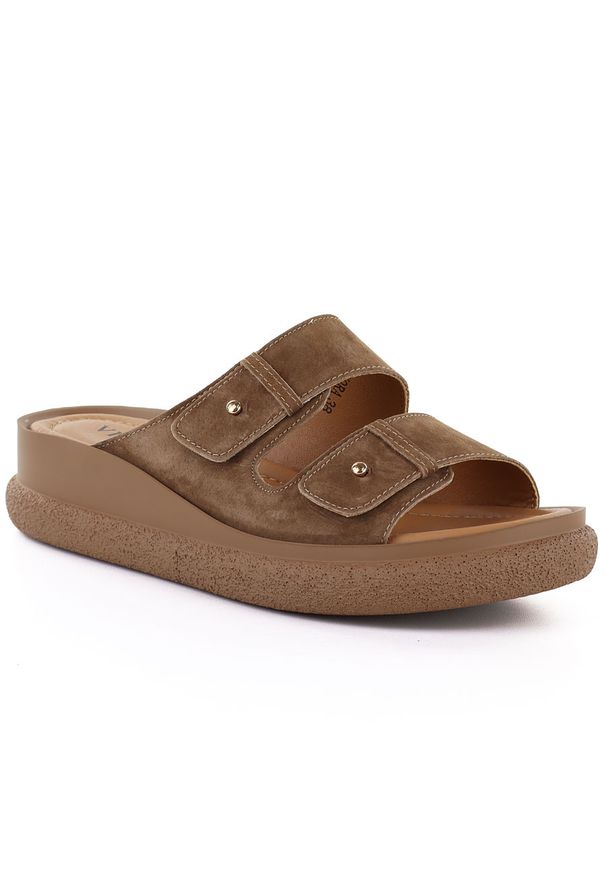 Skórzane klapki damskie na koturnie brązowe Vinceza 66916. Kolor: brązowy. Materiał: skóra. Sezon: lato. Obcas: na koturnie