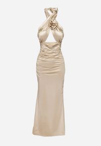 Born2be - Beżowa Satynowa Sukienka Wiązana na Szyi z Wycięciem pod Biustem i Różyczką Roneza. Kolor: beżowy. Materiał: satyna. Styl: elegancki #6