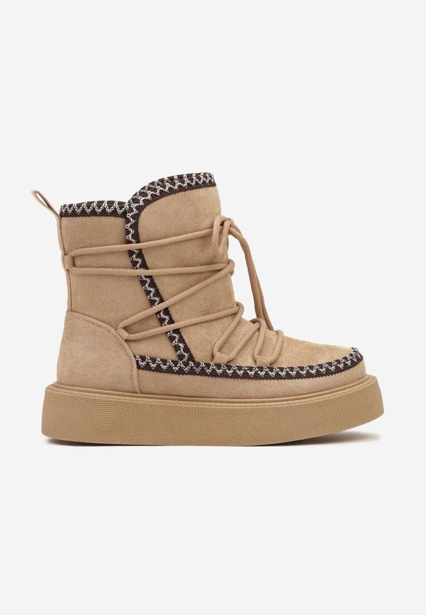 Born2be - Ciemnobeżowe Śniegowce na Grubej Podeszwie Ozdobione Sznurowaniem Melindria. Okazja: na spacer, na co dzień. Zapięcie: sznurówki. Kolor: beżowy. Materiał: jeans. Wzór: aplikacja. Sezon: zima. Styl: elegancki, casual, sportowy