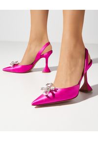 AMINA MUADDI - Różowe sandały z kokardą Rosie. Zapięcie: pasek. Kolor: różowy, wielokolorowy, fioletowy. Materiał: satyna. Wzór: paski. Obcas: na obcasie. Wysokość obcasa: średni