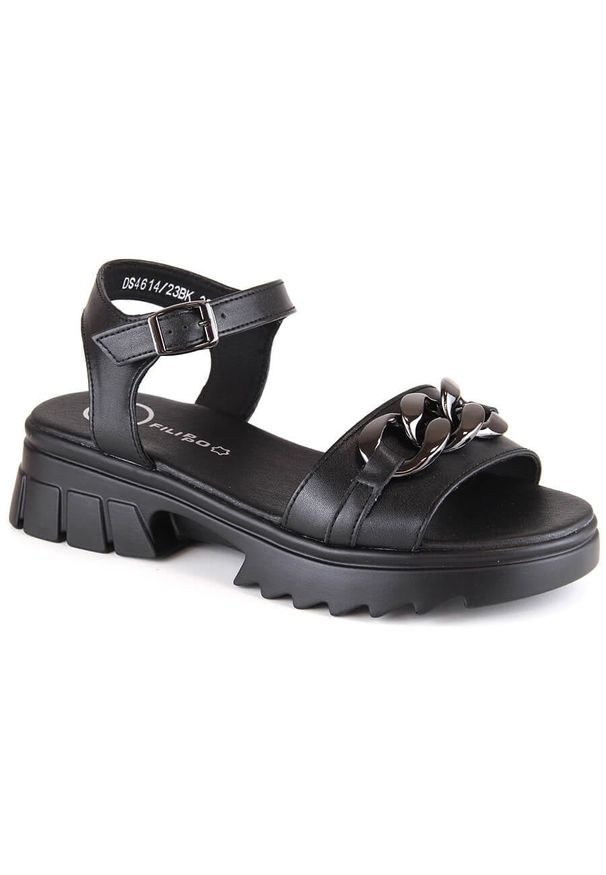 Skórzane sandały damskie z łańcuszkiem czarne Filippo DS4614. Kolor: czarny. Materiał: skóra