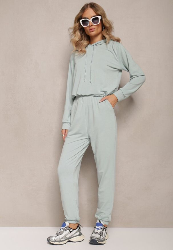 Renee - Miętowy 2-częściowy Komplet Dresowy z Gładkiej Dzianiny Bluza i Spodnie Honorille. Kolor: miętowy. Materiał: dzianina, dresówka. Wzór: gładki