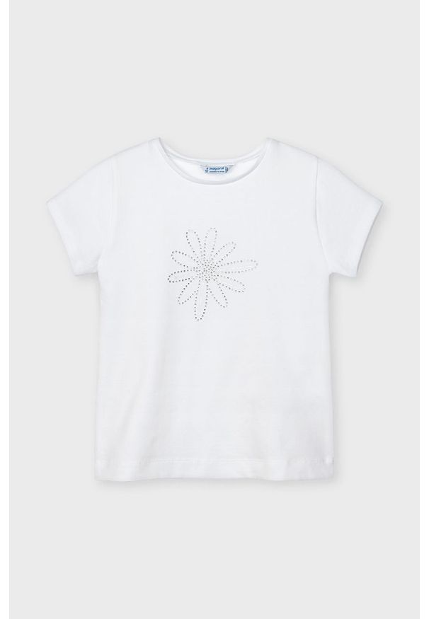 Mayoral - T-shirt dziecięcy. Okazja: na co dzień. Kolor: biały. Materiał: bawełna, dzianina, elastan. Długość rękawa: krótki rękaw. Długość: krótkie. Wzór: aplikacja. Styl: casual