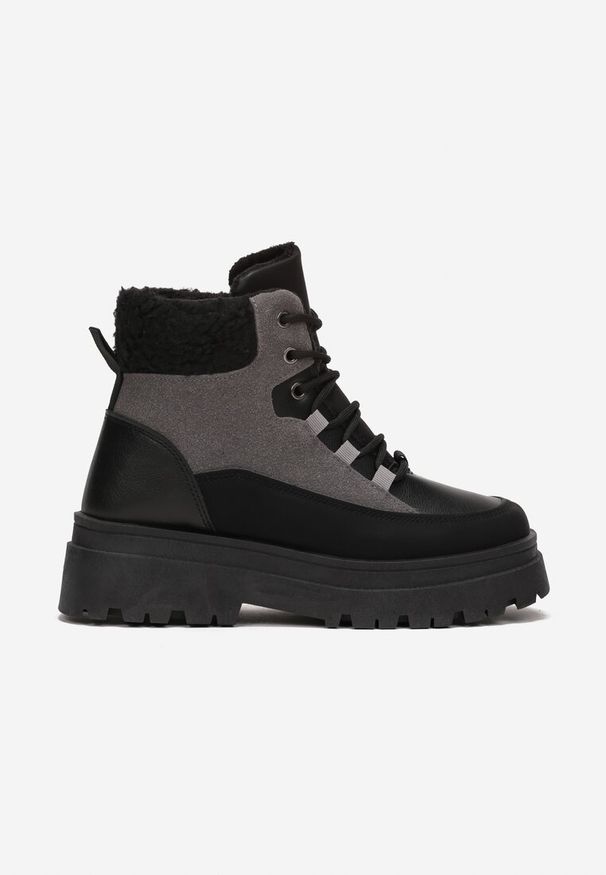 Renee - Czarno-Szare Traperki Sznurowane Trapery Janne. Wysokość cholewki: za kostkę. Nosek buta: okrągły. Kolor: czarny. Materiał: futro. Szerokość cholewki: normalna. Wzór: aplikacja, kolorowy