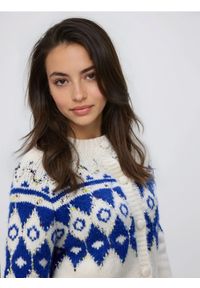 Reserved - Wzorzysty kardigan - niebieski. Kolor: niebieski. Materiał: wełna, dzianina