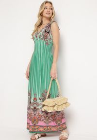 Born2be - Zielona Sukienka z Troczkami w Ramionach Rozkloszowana z Dekoltem w V Araxeda. Typ kołnierza: dekolt w kształcie V. Kolor: zielony. Sezon: lato. Styl: elegancki #5