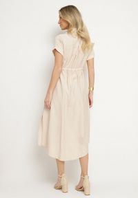 Born2be - Beżowa Sukienka Koszulowa z Wiskozy Wiązana w Pasie Florazi. Okazja: na co dzień. Typ kołnierza: dekolt w serek. Kolor: beżowy. Materiał: wiskoza. Długość rękawa: krótki rękaw. Typ sukienki: koszulowe. Styl: elegancki, casual. Długość: midi #4