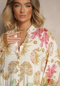 Renee - Beżowa Sukienka z Wiskozy Rozkloszowana w Print Boho Aedia. Okazja: na co dzień. Typ kołnierza: dekolt w serek. Kolor: beżowy. Materiał: wiskoza. Wzór: nadruk. Styl: boho