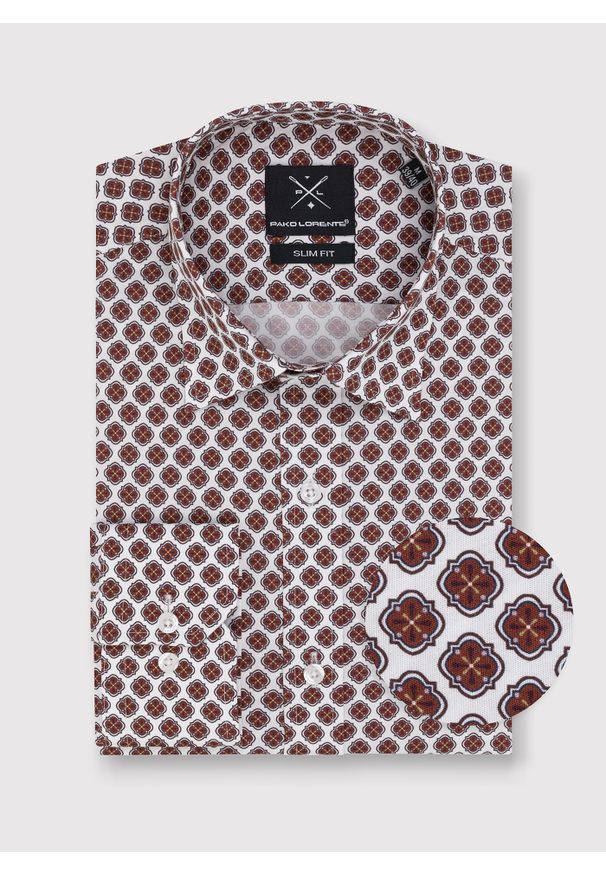 Pako Lorente - PAKO LORENTE – Casualowa koszula męska w brązowy wzór. Okazja: na co dzień. Typ kołnierza: button down. Kolor: brązowy. Materiał: bawełna, elastan. Styl: casual
