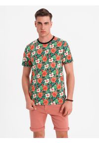 Ombre Clothing - Męski t-shirt bawełniany w kwiatowy wzór full print – czarny V2 OM-TSFP-0249 - XXL. Okazja: na co dzień, na spacer. Kolor: czarny. Materiał: bawełna. Długość rękawa: krótki rękaw. Długość: krótkie. Wzór: kwiaty, nadruk. Sezon: lato. Styl: wakacyjny, elegancki, casual #8