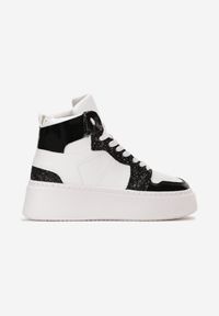 Renee - Biało-Czarne Sznurowane Sneakersy za Kostkę z Brokatem i Metalicznymi Wstawkami Sareena. Wysokość cholewki: za kostkę. Kolor: biały #5