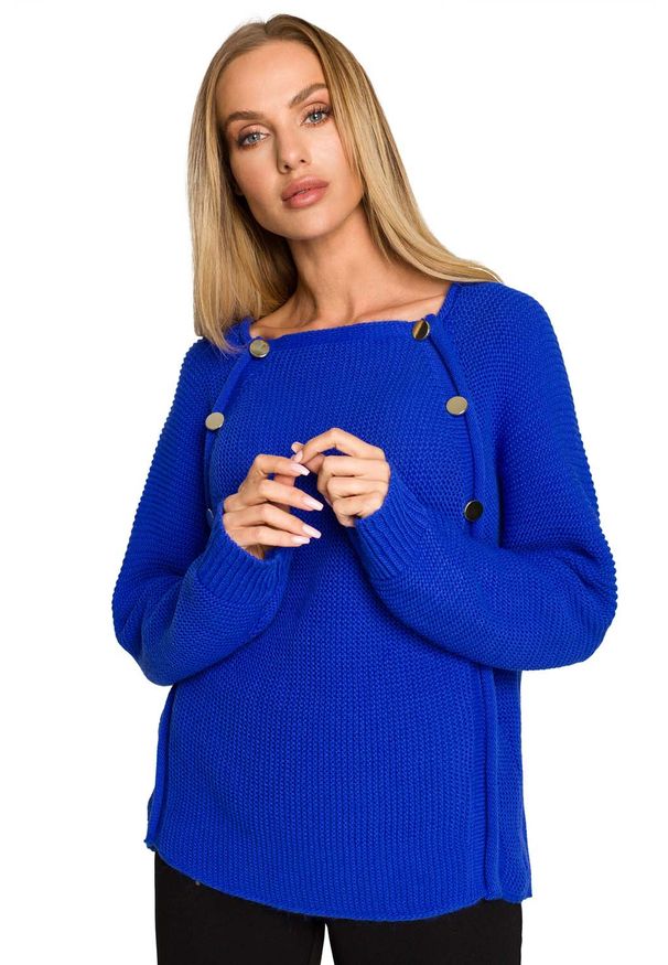 MOE - Sweter z Metalowymi Guzikami - Szafirowa. Kolor: niebieski. Materiał: nylon, akryl