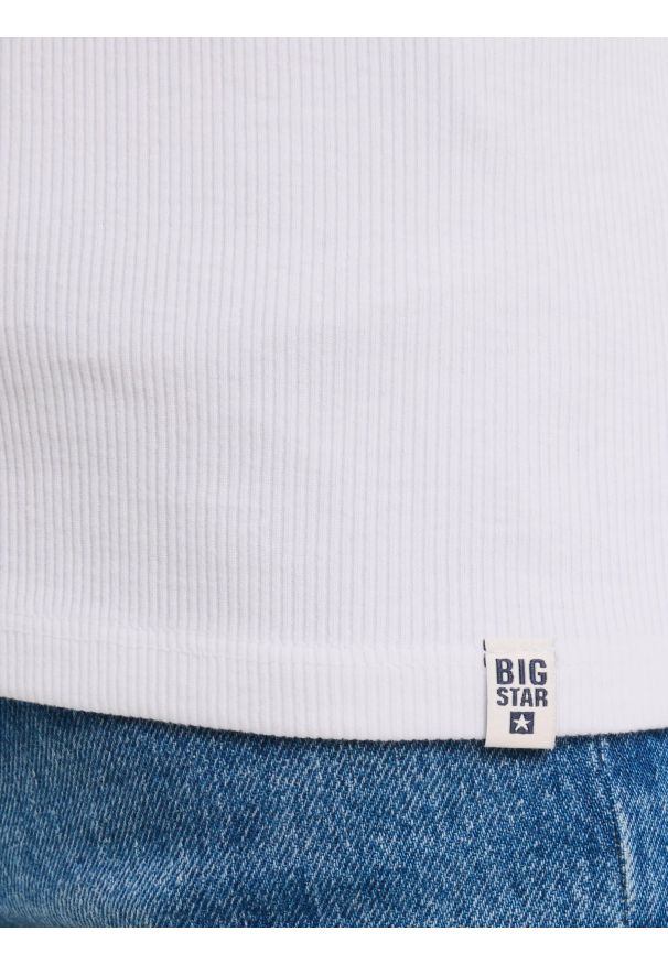 Big-Star - Bluzka damska z prążkowanej dzianiny biała Nathalie 101. Kolor: biały. Materiał: dzianina, prążkowany. Długość: długie. Wzór: aplikacja, kolorowy