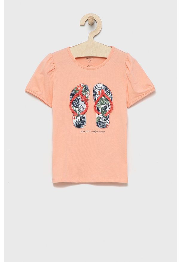 Name it t-shirt dziecięcy kolor różowy. Kolor: różowy. Materiał: bawełna. Długość rękawa: krótki rękaw. Długość: krótkie. Wzór: nadruk