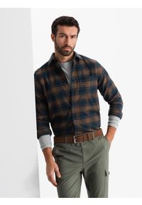 Ombre Clothing - Męska flanelowa koszula w kratę - granatowo-pomarańczowa V7. Kolor: pomarańczowy. Materiał: bawełna. Styl: klasyczny
