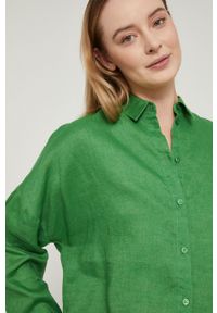 medicine - Medicine koszula lniana damska kolor zielony relaxed z kołnierzykiem klasycznym. Typ kołnierza: kołnierzyk klasyczny. Kolor: zielony. Materiał: len. Długość rękawa: długi rękaw. Długość: długie. Wzór: gładki. Styl: klasyczny #6