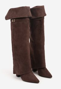 Renee - Brązowe Kozaki na Słupku w Stylu Kowbojek z Wywiniętą Cholewką i Ozdobą Neliesa. Okazja: na co dzień. Kolor: brązowy. Materiał: jeans. Szerokość cholewki: normalna. Wzór: aplikacja. Obcas: na słupku. Styl: casual #5