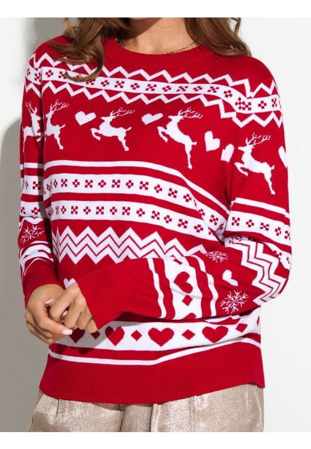 Sinsay - Świąteczny sweter z reniferami - czerwony. Kolor: czerwony. Styl: wizytowy