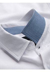 Ombre Clothing - Dzianinowa męska koszula slim fit z krótkim rękawem i kołnierzykiem – biała V1. Typ kołnierza: polo. Kolor: biały. Materiał: dzianina. Długość rękawa: krótki rękaw. Długość: krótkie. Styl: sportowy, elegancki #5