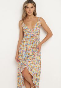 Born2be - Żółta Bawełniana Sukienka na Ramiączkach z Kopertowym Dekoltem i Asymetrycznym Rozcięciem Xiloa. Okazja: na co dzień. Typ kołnierza: dekolt kopertowy. Kolor: żółty. Materiał: bawełna. Długość rękawa: na ramiączkach. Wzór: aplikacja. Typ sukienki: asymetryczne, kopertowe. Styl: casual #5