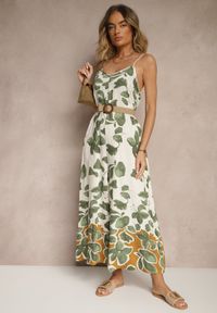 Renee - Zielono-Beżowy Kombinezon Wide Leg z Wiskozą na Ramiączkach Iffiane. Okazja: na co dzień. Kolor: zielony. Materiał: wiskoza. Długość rękawa: na ramiączkach. Sezon: lato, wiosna. Styl: klasyczny, casual, elegancki