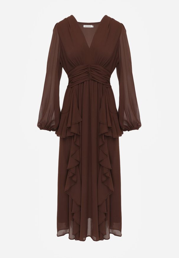 Born2be - Brązowa Romantyczna Sukienka Koktajlowa z Falbanami i Marszczeniem w Pasie Aranilla. Typ kołnierza: kołnierz z falbankami. Kolor: brązowy. Materiał: materiał, tkanina. Wzór: gładki, aplikacja. Typ sukienki: rozkloszowane. Styl: wizytowy