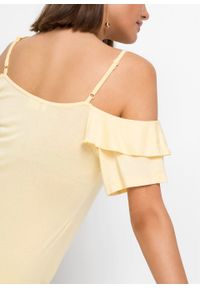 Sukienka cold-shoulder z dżerseju z falbanami bonprix kremowy żółty. Kolor: żółty. Materiał: jersey. Długość rękawa: krótki rękaw. Sezon: lato #4