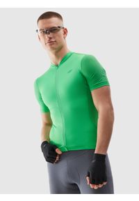 4f - Koszulka rowerowa rozpinana męska - zielona. Kolor: zielony. Materiał: syntetyk, elastan, materiał, włókno, dzianina. Długość rękawa: krótki rękaw. Długość: krótkie. Wzór: ze splotem, jednolity, gładki. Sport: kolarstwo #1