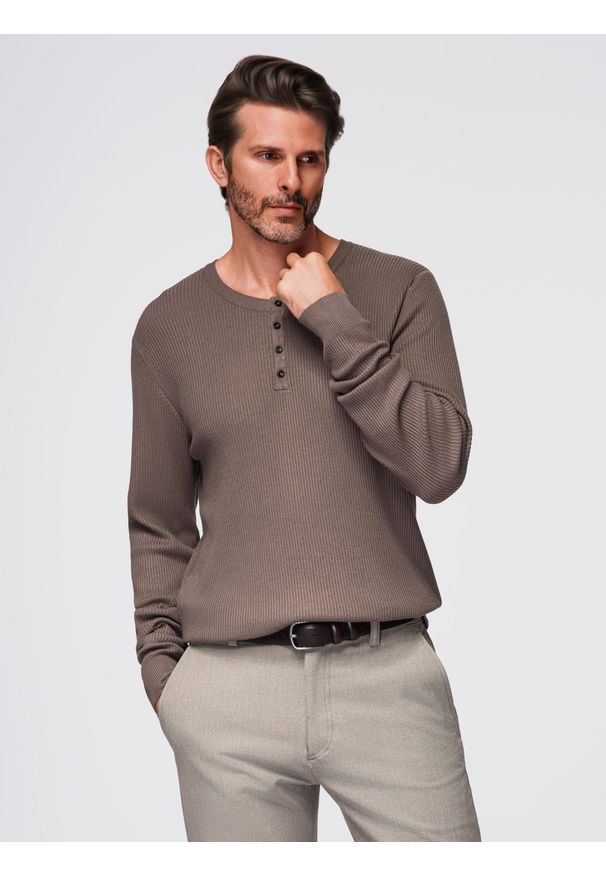 Ombre Clothing - Prążkowany sweter męski z guzikami przy dekolcie - popielaty V4 - Rozmiar: L. Kolor: szary. Materiał: prążkowany. Styl: elegancki