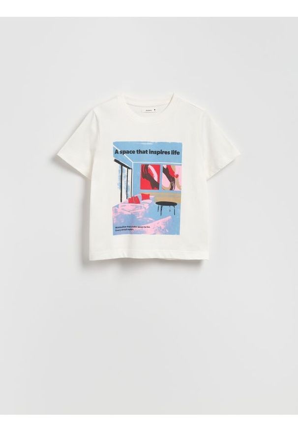 Reserved - T-shirt z nadrukiem - biały. Kolor: biały. Materiał: dzianina, bawełna. Wzór: nadruk