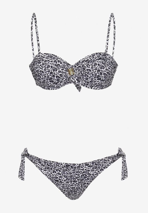 Renee - Ciemnoszare Bikini Usztywniany Biustonosz z Ozdobą i Majtki Typu Figi ze Sznurkami po Bokach Aromarie. Kolor: szary. Wzór: aplikacja