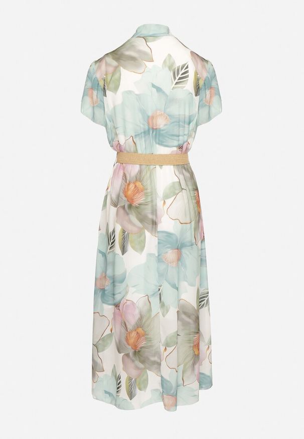 Born2be - Jasnozielona Sukienka o Rozkloszowanym Kroju z Wiązaniem przy Dekolcie i Paskiem Sorilina. Okazja: na co dzień. Kolor: zielony. Długość rękawa: krótki rękaw. Wzór: kwiaty. Styl: casual, elegancki