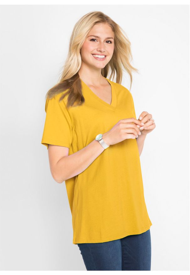 bonprix - Długi shirt z dekoltem w szpic (5 sztuk), krótki rękaw. Okazja: na co dzień. Kolor: żółty. Długość rękawa: krótki rękaw. Długość: krótkie. Sezon: lato. Styl: casual