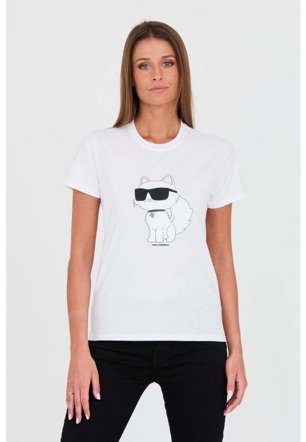 Karl Lagerfeld - KARL LAGERFELD Biały t-shirt z kotem. Kolor: biały. Materiał: bawełna