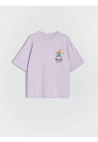 Reserved - T-shirt oversize z nadrukiem - lawendowy. Kolor: fioletowy. Materiał: bawełna, dzianina. Wzór: nadruk #1
