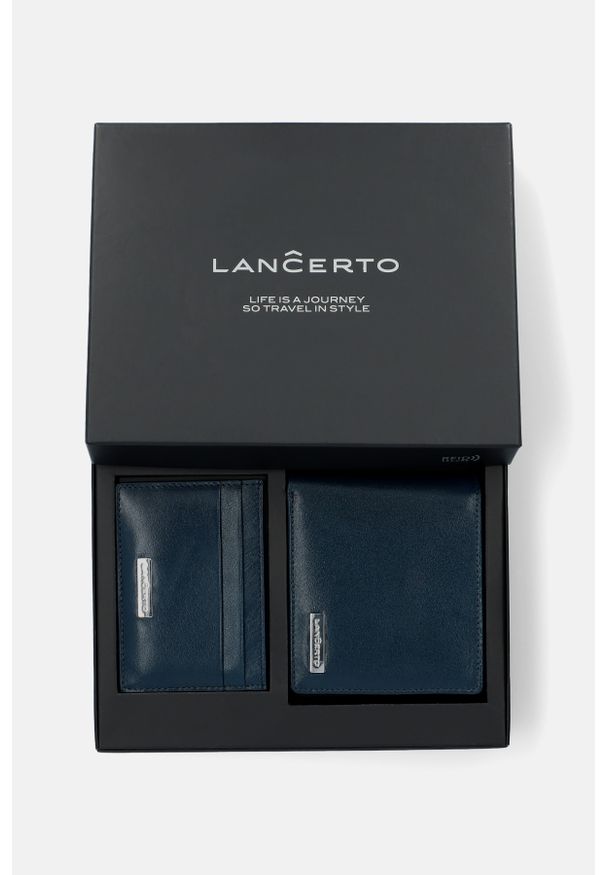 Lancerto - Zestaw Portfel Męski Skórzany Granatowy Plus Wizytownik z RFID. Kolor: niebieski. Materiał: skóra