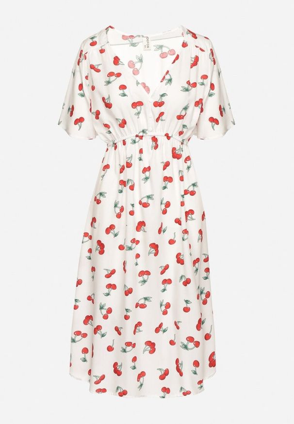 Born2be - Biała Bawełniana Sukienka o Rozkloszowanym Kroju we Wzór w Wisienki Folelia. Okazja: na co dzień. Typ kołnierza: dekolt w serek. Kolor: biały. Materiał: bawełna. Wzór: aplikacja. Typ sukienki: proste. Styl: casual