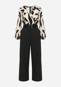 Born2be - Beżowo-Czarny Elegancki Kombinezon ze Wzorzystą Górą Szerokimi Nogawkami i Paskiem Grepia. Okazja: na co dzień. Kolor: czarny. Styl: elegancki #6
