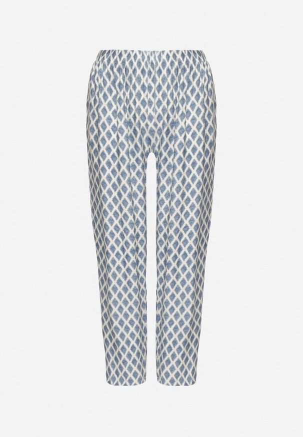 Born2be - Niebieskie Szerokie Spodnie z Wysokim Stanem z Motywem Rombów Lisendria. Okazja: na co dzień. Stan: podwyższony. Kolor: niebieski. Sezon: wiosna, lato. Styl: casual, elegancki, klasyczny