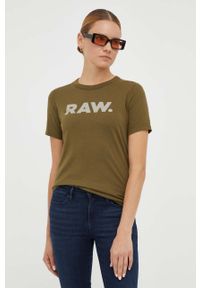 G-Star RAW - G-Star Raw t-shirt bawełniany kolor zielony. Okazja: na co dzień. Kolor: zielony. Materiał: bawełna. Długość rękawa: krótki rękaw. Długość: krótkie. Wzór: nadruk. Styl: casual, klasyczny #4