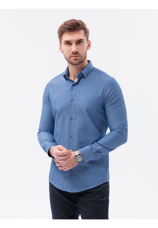 Ombre Clothing - Koszula męska elegancka z długim rękawem K592 - granatowa - XXL. Kolor: niebieski. Materiał: bawełna, poliester. Długość rękawa: długi rękaw. Długość: długie. Styl: elegancki