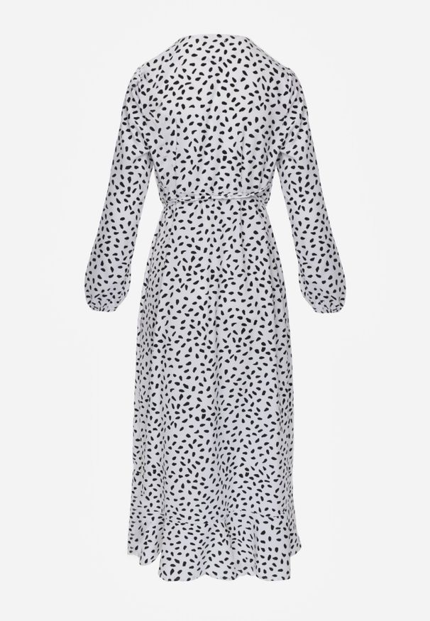 Born2be - Biała Kopertowa Sukienka w Kropki z Falbankami Kaikiran. Typ kołnierza: kołnierz z falbankami. Kolor: biały. Wzór: kropki. Typ sukienki: kopertowe