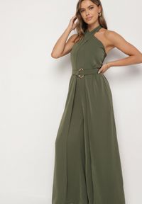 Born2be - Zielony Koktajlowy Kombinezon Wiązany na Szyję z Paskiem Melafela. Okazja: na imprezę. Kolor: zielony. Materiał: materiał. Styl: wizytowy #5