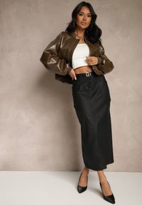 Renee - Czarna Ołówkowa Spódnica Midi High Waist z Ekoskóry Adaulfo. Stan: podwyższony. Kolor: czarny. Sezon: zima