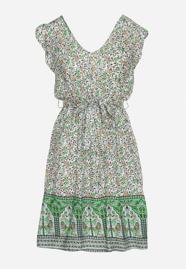 Born2be - Zielona Wiskozowa Sukienka o Rozkloszowanym Kroju z Wiązanym Paskiem Sepona. Okazja: na co dzień. Typ kołnierza: dekolt w kształcie V. Kolor: zielony. Materiał: wiskoza. Wzór: aplikacja. Styl: casual, elegancki