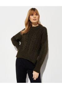 MONCLER - Sweter z ozdobną wstążką. Kolor: zielony. Materiał: wełna, prążkowany, kaszmir, zamsz. Długość rękawa: długi rękaw. Długość: długie. Wzór: ze splotem. Styl: elegancki, klasyczny