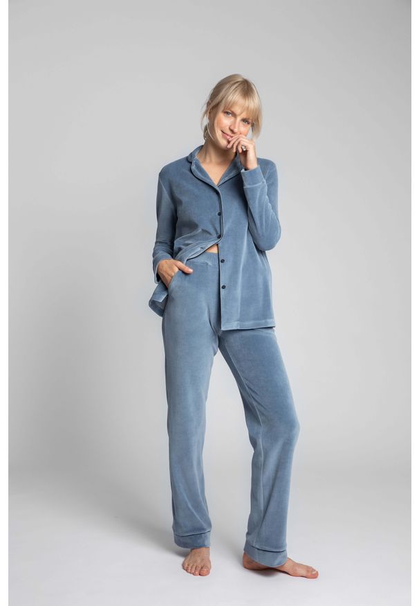 MOE - Welurowe Spodnie od Piżamy z Kontrastowymi Lamówkami - Niebieskie. Kolor: niebieski. Materiał: welur