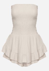 Born2be - Beżowy Kombinezon z Bawełny z Elastyczną Gumką w Talii i Falbanką Olialia. Okazja: na spacer. Kolor: beżowy. Materiał: bawełna. Sezon: lato #6